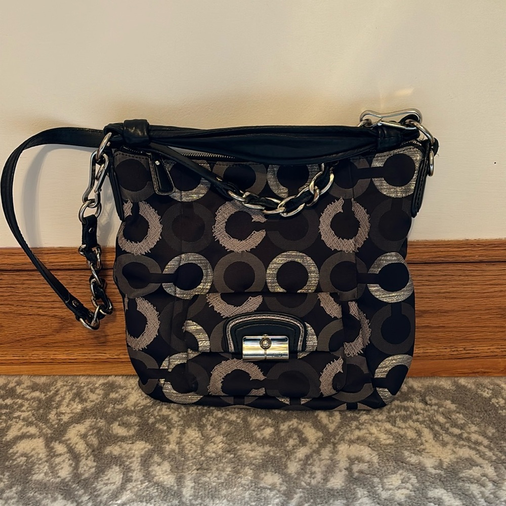COACH 15354 Kristin Embroidered OP Art Hobo Bag black gray silver